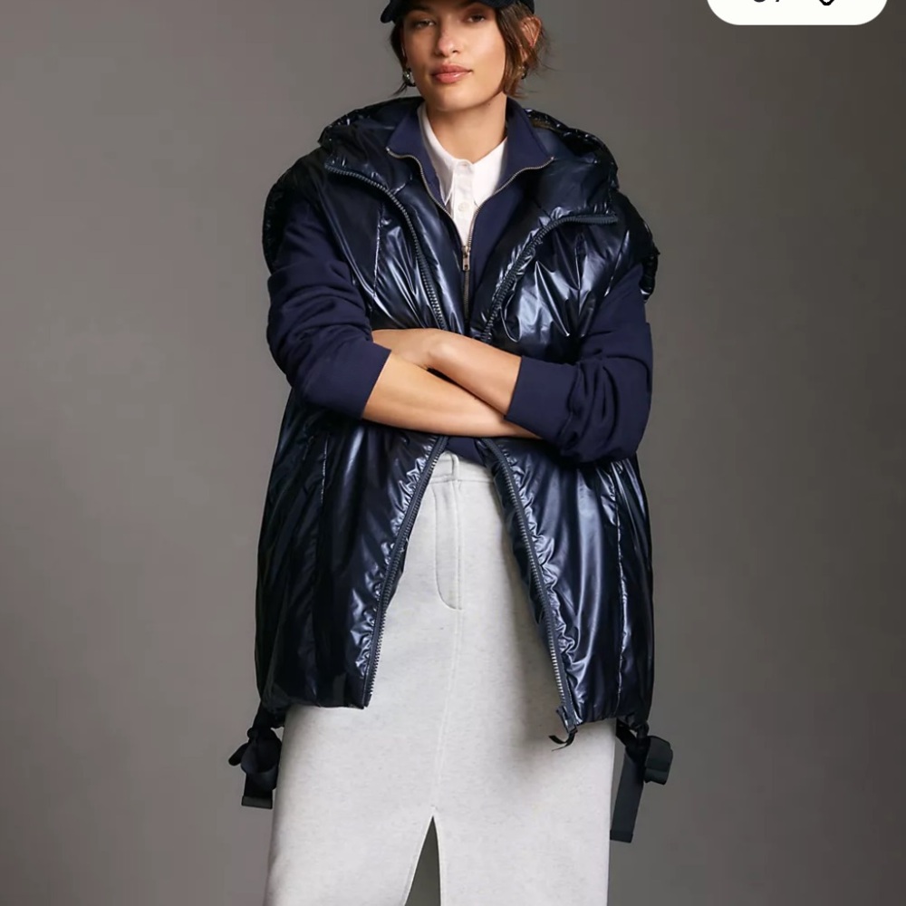NWT Pilcro Anthropology Longline Shine blues hooded vest puffer jacket, size S